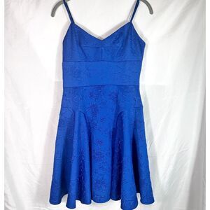 Ali Ro Blue Embossed Brocade A-line Mini Dress Spaghetti Straps Size 4